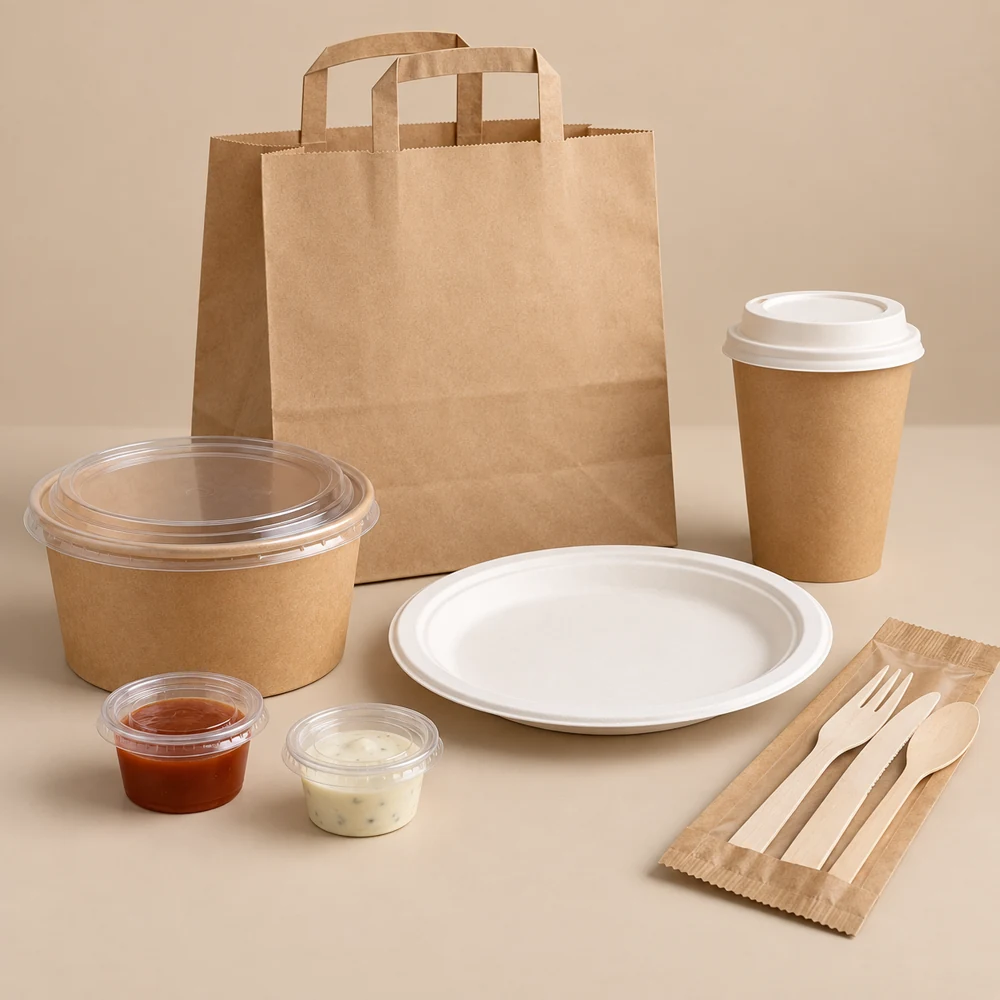 Illustrative takeaway bag, cups, plate, sauce pots, food bowl and cutlery
