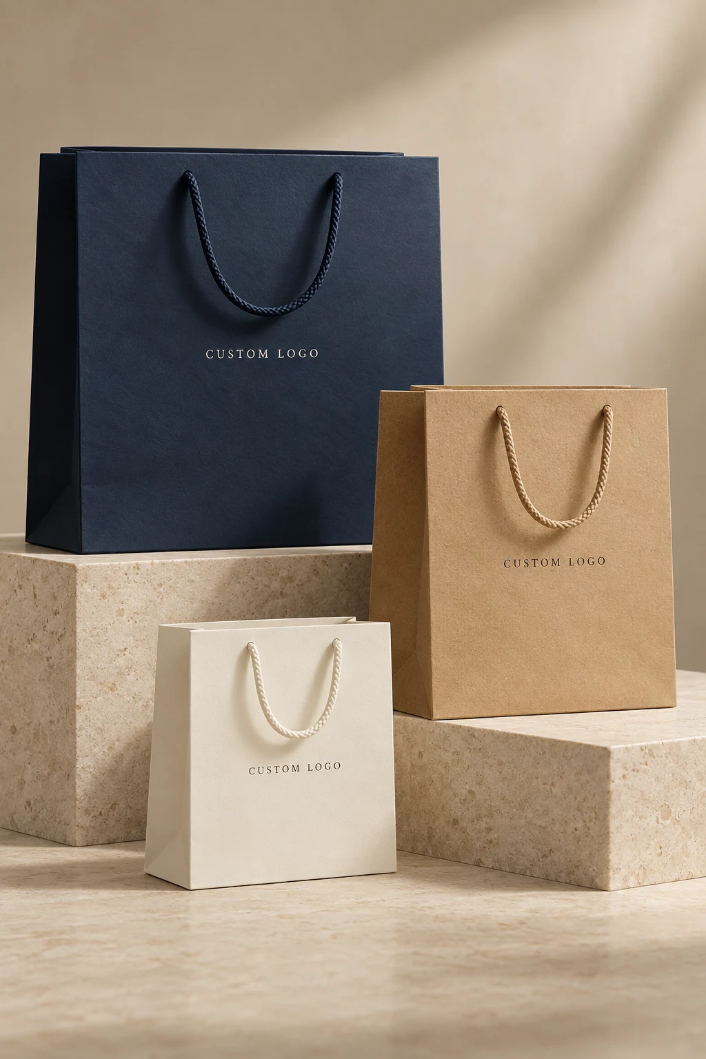 Studio-style mockup of custom-logo shopping bags in navy, natural kraft and ivory