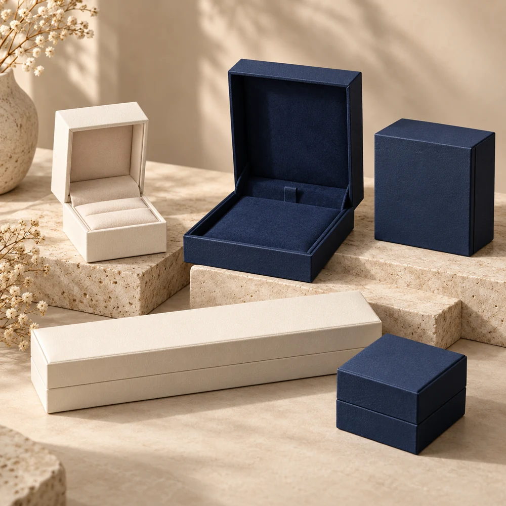 Illustrative jewellery packaging boxes for rings, necklaces and bracelets