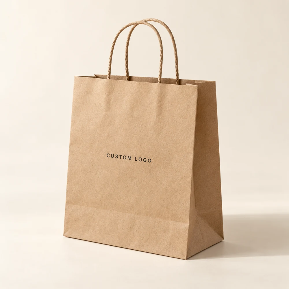 Natural kraft paper shopping bag with custom logo and twisted paper handles