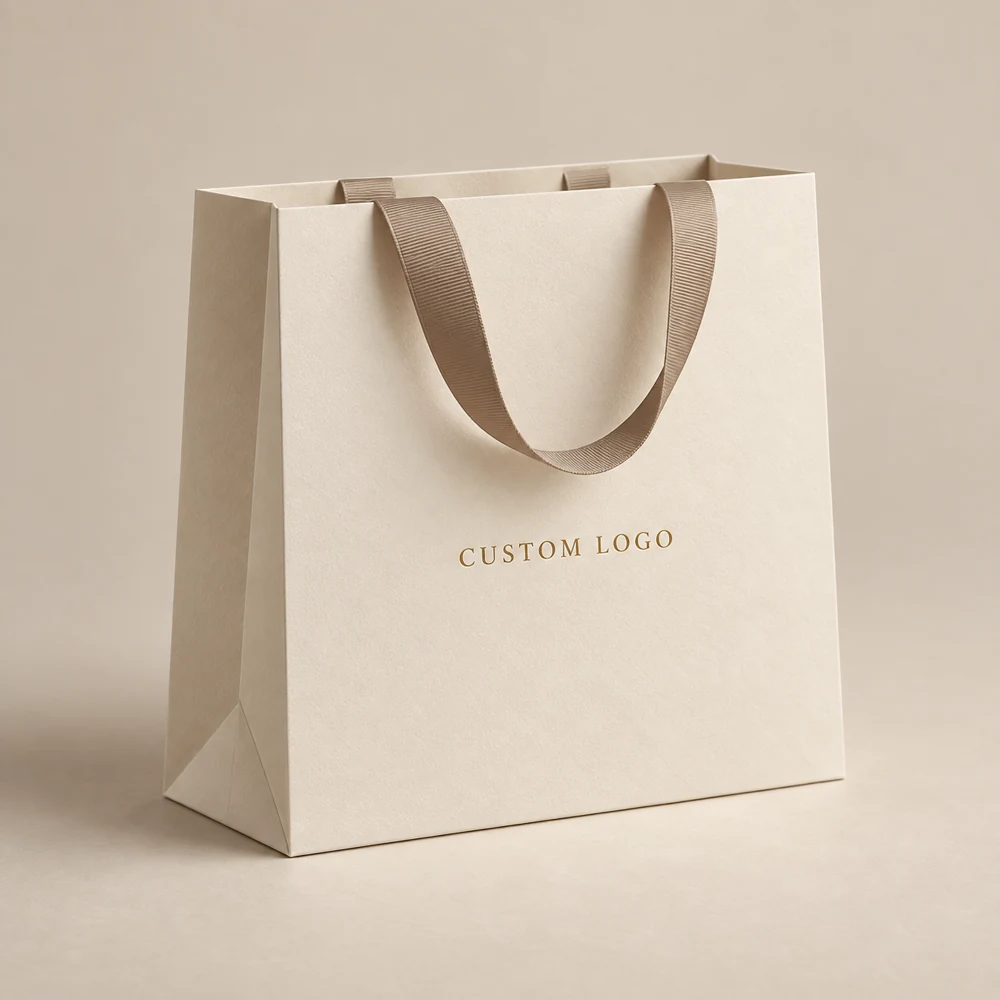 Ivory boutique shopping bag with custom logo and ribbon handles