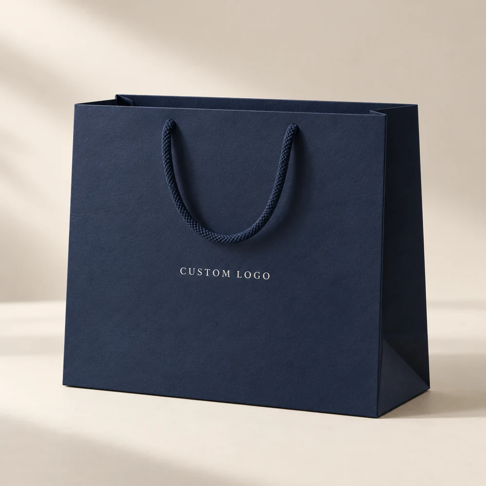 Navy shopping bag with custom logo and rope handles